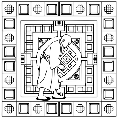 Tibetaanse vierkante mandala monnik